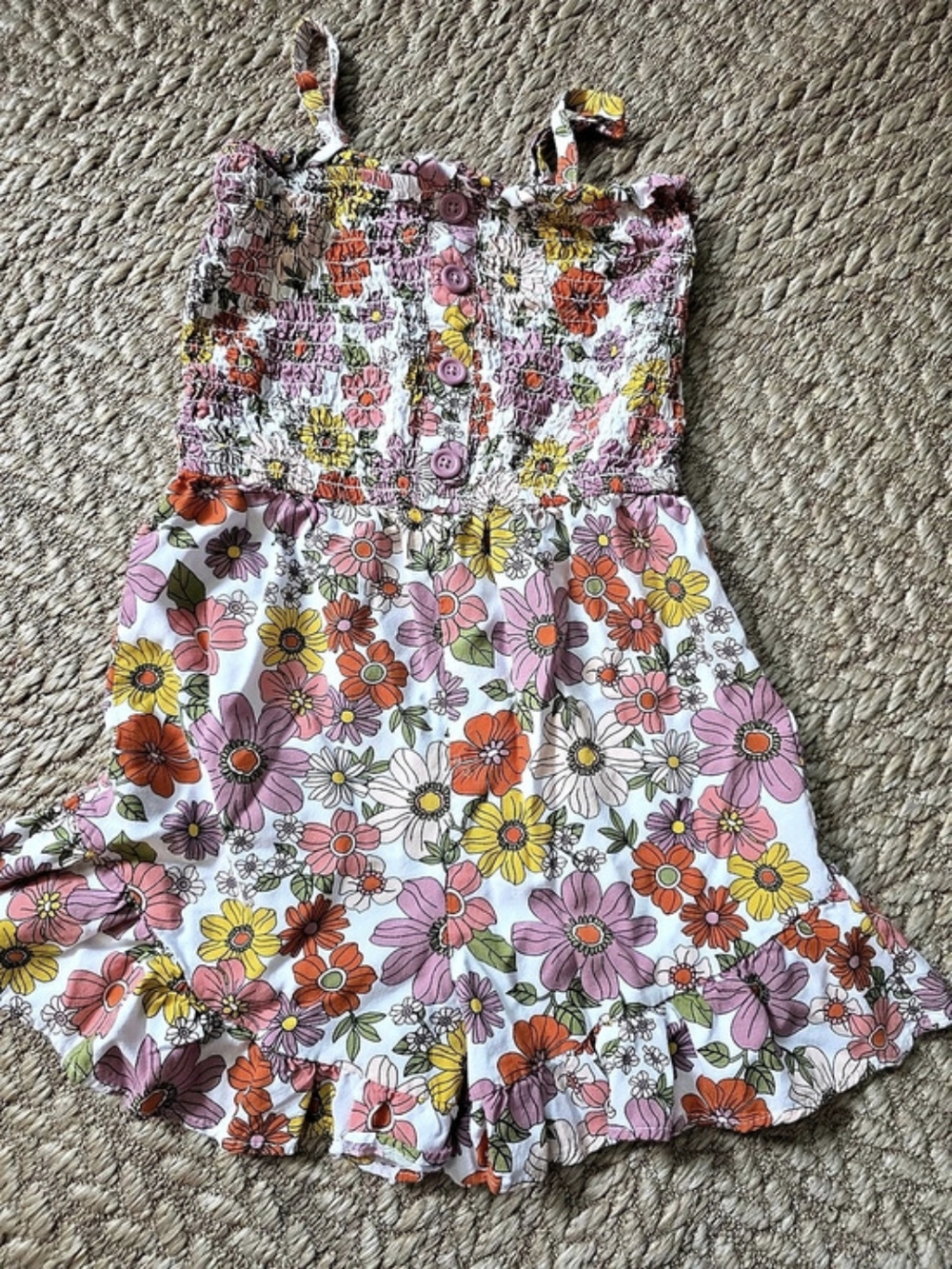 Girls Fall Floral Ruffle Smocked Romper Size Medium (7/8)